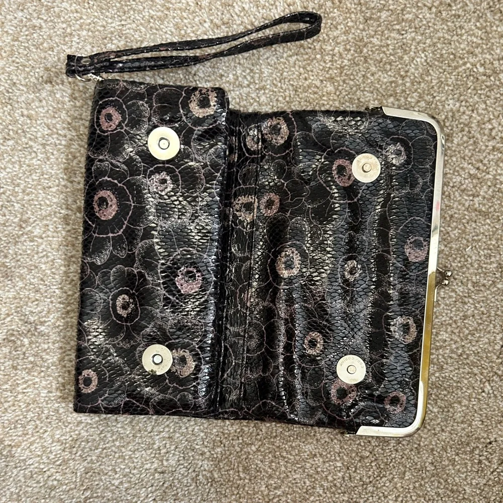 Floral Faux Snakeskin Black and Pink‎ Clutch Wristlet
